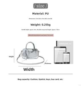 Silver PU ballet style Boston bag size 21x12x6cm with bow details and size comparison