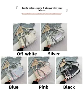 Detail showing five colors of bowling bags with ribbon bows and lace trim decoration