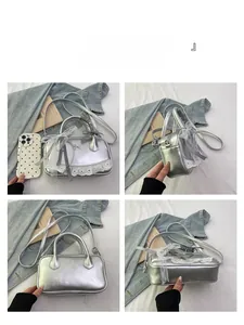 Silver ballet-style Boston bag with black bow and white lace detail seen from four angles