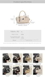 Detailed size chart for bowling handbag showing dimensions 23x11x6.5cm with PU leather texture