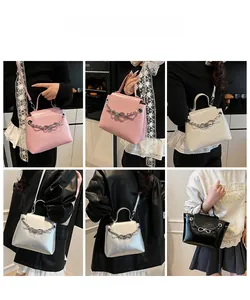 Detailed views of multi-color crossbody bags with metallic bow chains in various poses