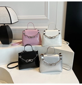 Detailed showcase of glossy leather crossbody bags in pink, white, black, and silver shades