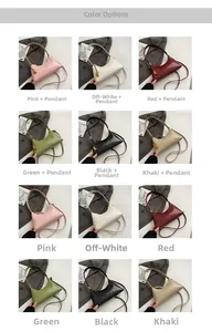 Detailansicht glänzender Leder-Halbmondtaschen in sechs Farben mit modischen Ornamenten