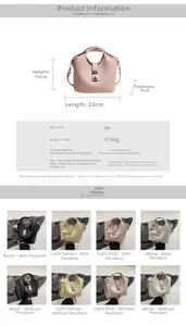 Size guide and color options for PU bucket bag with dimensions and weight specs