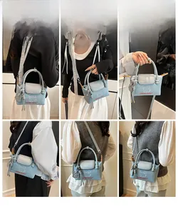 Collage of light blue denim trapezoid handbag with cartoon dog print and doll charm