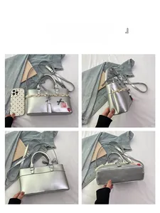 Silver PU leather handbag with beige lace, checkered bow, and strawberry charm from four angles