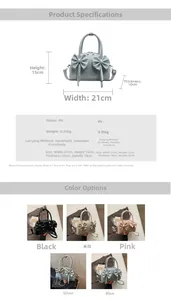 Vue détaillée du sac Boston à nœuds montrant les dimensions et cinq options de couleurs