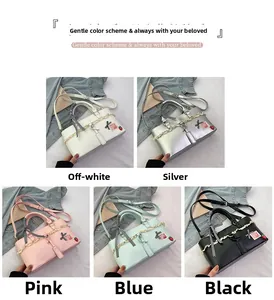 Lace tote bags shown in white, silver, pink, blue, and black with bow details