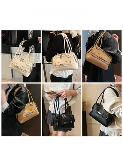 Collage of chic underarm bags in beige, tan, and black showing various carrying styles