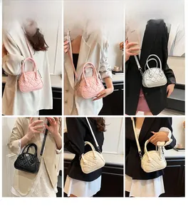 Detailed grid showing quilted crossbody shell bags in pink, silver, black, and beige