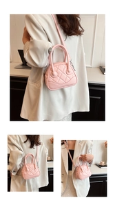 Pink quilted mini handbag shown in three angles worn by a model in a modern interior