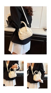 Three-view montage of a beige quilted shell bag with silver hardware and top handles