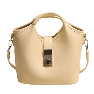 Bolso bombonera moderno de cuero PU crema con asa y correa de hombro ajustable