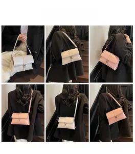 Multiple views of a pink and beige leather crossbody bag worn by a model on stairs