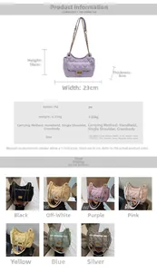 Detailed view of quilted PU leather handbag with elegant metal chain strap and dimensions