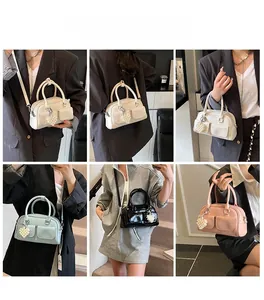 Collage of chic Boston bags in multiple colors with woven pearl heart charms and straps