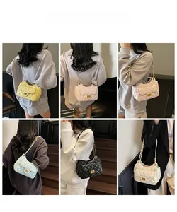 Quilted leather chain shoulder bag shown in six stylish colors on models in various poses