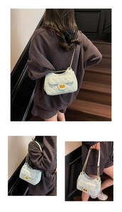 Quilted mint green chain shoulder bag showing back, side and hand-held views on a model
