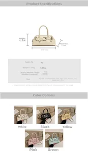 Fiche technique détaillée montrant cinq couleurs de sac coquille en PU et dimensions