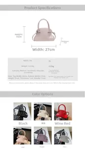 Detailed size chart and multi-color selection for this stylish shell-shaped handbag