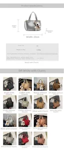 Detailed view of the lychee texture handbag with a cute bear charm and dimensions