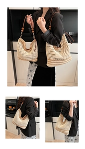 Detailed macro view of woven straw tote bag with decorative wooden beads on strap