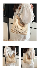 Close-up of woven tote bag with wooden bead straps and brown striped bottom detail