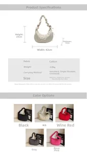 Detailed size chart and multi-color options for the pleated cloud dumpling shoulder bag