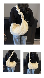 Close-up of beige quilted cloud hobo bag featuring adjustable ruched shoulder straps