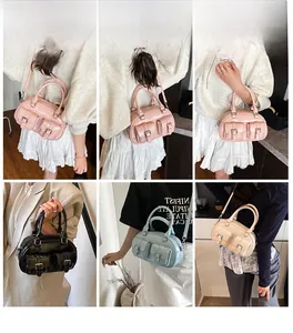 Collage of stylish bowling handbags in various colors shown on a model for daily use