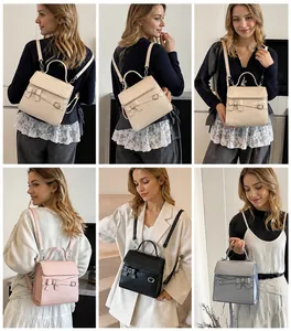 Photos de mini-sacs à dos polyvalents avec nœuds en beige, rose, noir et gris, portés