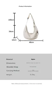 Detailed size chart for white nylon dumpling bag showing 48x34x12cm dimensions