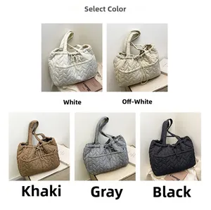 Quilted drawstring tote bags available in white, cream, khaki, grey and black colors