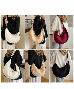 Detailed views of crescent canvas shoulder bags in four colors on a model in a grid