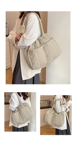 Macro detail of beige quilted tote bag with leaf pattern texture and drawstring design