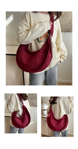 Detailed views of dark red canvas hobo bag showing front and side wear on a model