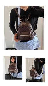 Dettagli dello zaino mini marrone scuro trapuntato con cerniere dorate e spallacci