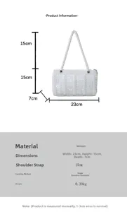 Size specifications of white beaded woven handbag with detailed dimensions and weight chart