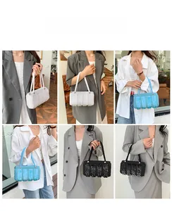Three colors of mini pillow bags with beaded fringe shown on models for size and style