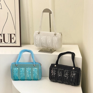 Three-color pearl beaded mini barrel bags in white, blue and black with sequins