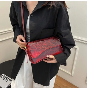 Detail of red and black snakeskin texture and golden buckle on a mini crossbody bag
