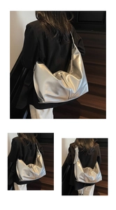 Trois vues d'un sac hobo argenté métallisé porté avec un blazer noir chic et moderne