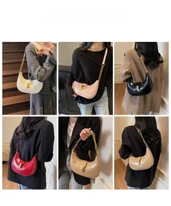 Collage of chic crescent underarm bags in six colors with stylish gold chain straps