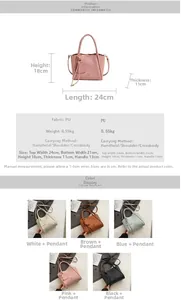 Detailed size chart for the PU leather bucket bag with dimensions and multi-color options