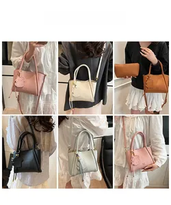 Detail shots of lychee textured bucket bags in five colors with cute dog charms