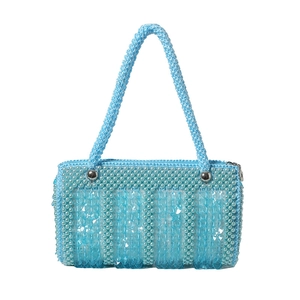 Light blue pearl beaded pillow bag with sequins and handle for summer vacation style