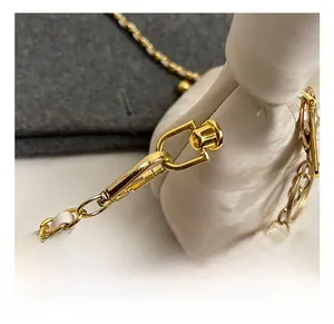 Close-up of golden lobster clasp and chain detail on white pleated dumpling bag