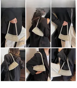 Detailed views of a handmade cream pearl woven bag showing various stylish carrying options