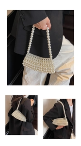 Detailed view of handmade white pearl woven crossbody bag with elegant shoulder strap