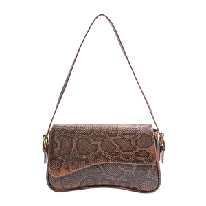 Brown snakeskin pattern underarm bag with curved base and fine metal hardware on white background